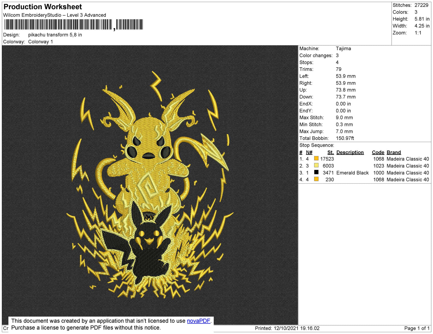Pikachu Thunder Embroidery Design Files - 4 Size's