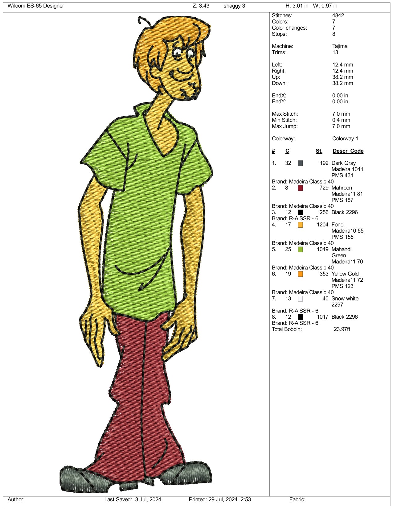 Shaggy Rogers Embroidery Design Files - 3 Size's