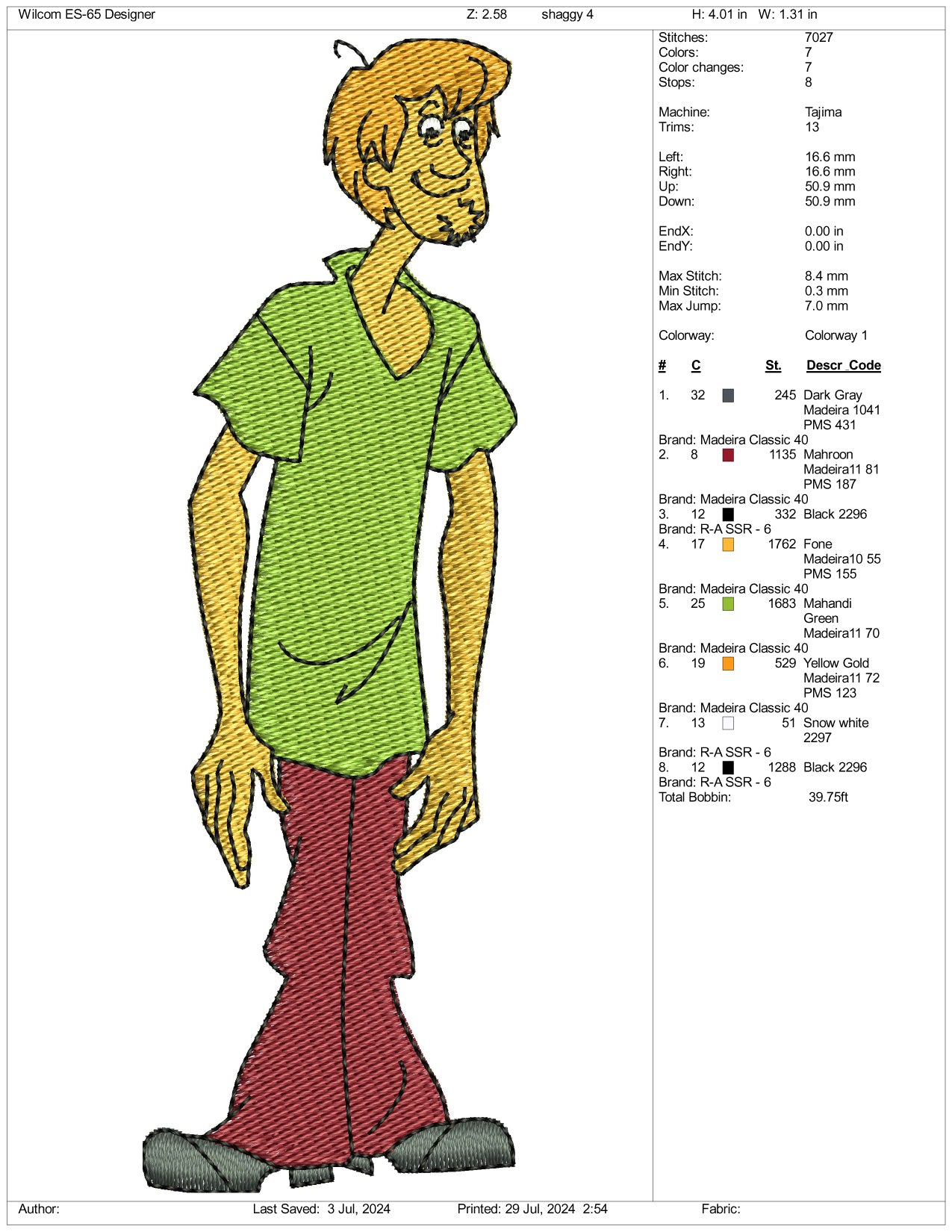 Shaggy Rogers Embroidery Design Files - 3 Size's
