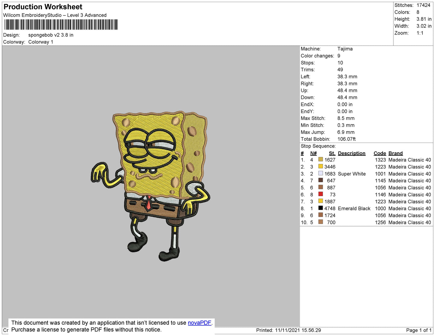 SpongeBob v3 Embroidery Design Files - 4 Size's