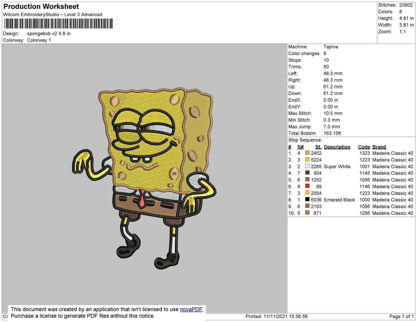 SpongeBob v3 Embroidery Design Files - 4 Size's