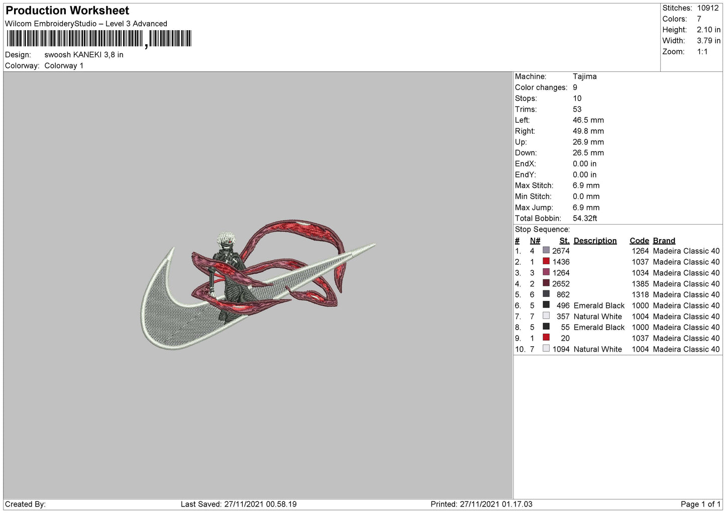 Ken Kaneki Swoosh v4 Embroidery Design Files - 8 Size's