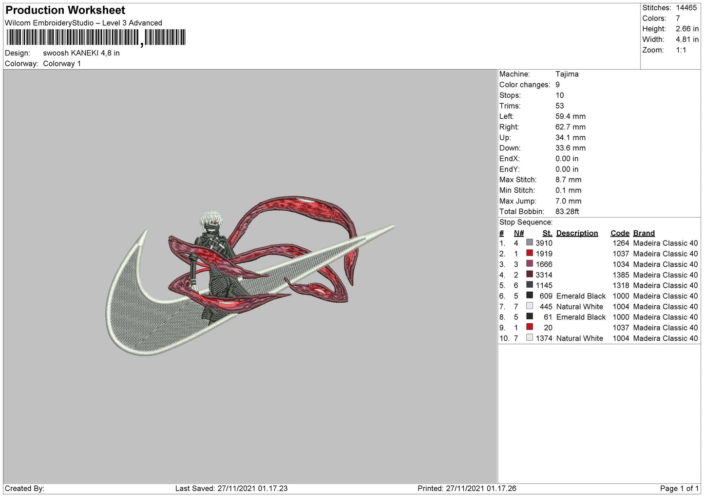 Ken Kaneki Swoosh v4 Embroidery Design Files - 8 Size's