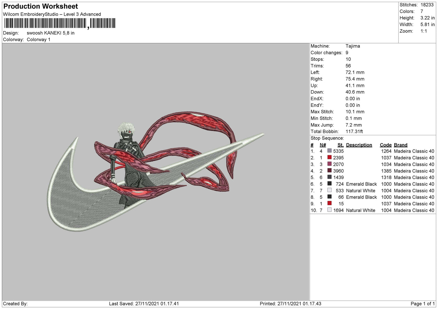 Ken Kaneki Swoosh v4 Embroidery Design Files - 8 Size's