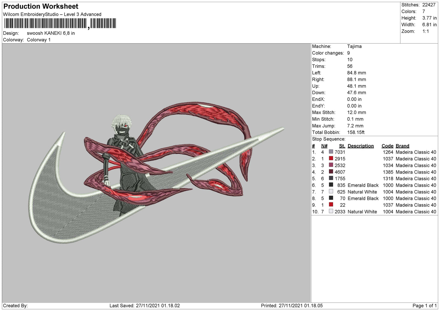 Ken Kaneki Swoosh v4 Embroidery Design Files - 8 Size's
