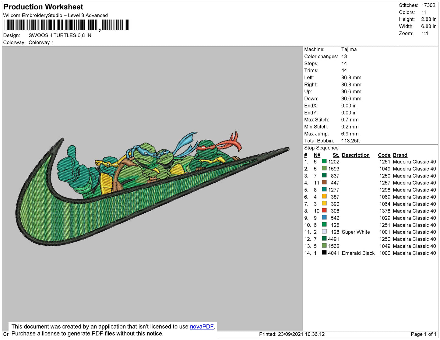 NInja Turtles Swoosh Embroidery Design Files - 4 Size's