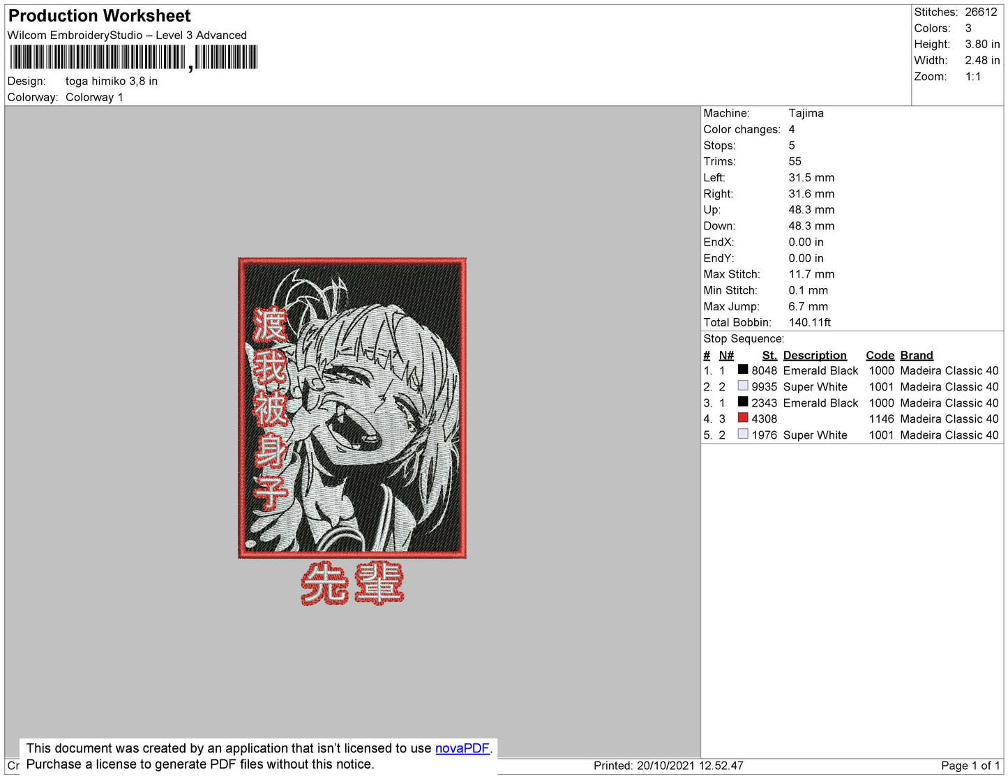 Himiko Toga Embroidery Design Files - 4 Size's