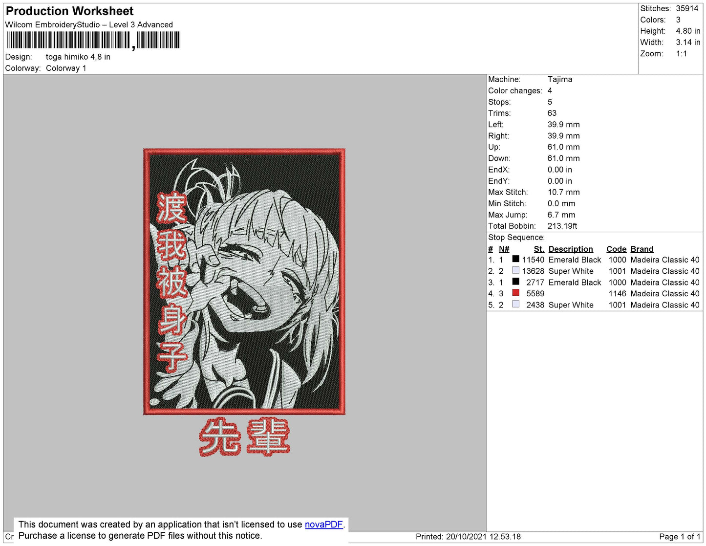 Himiko Toga Embroidery Design Files - 4 Size's