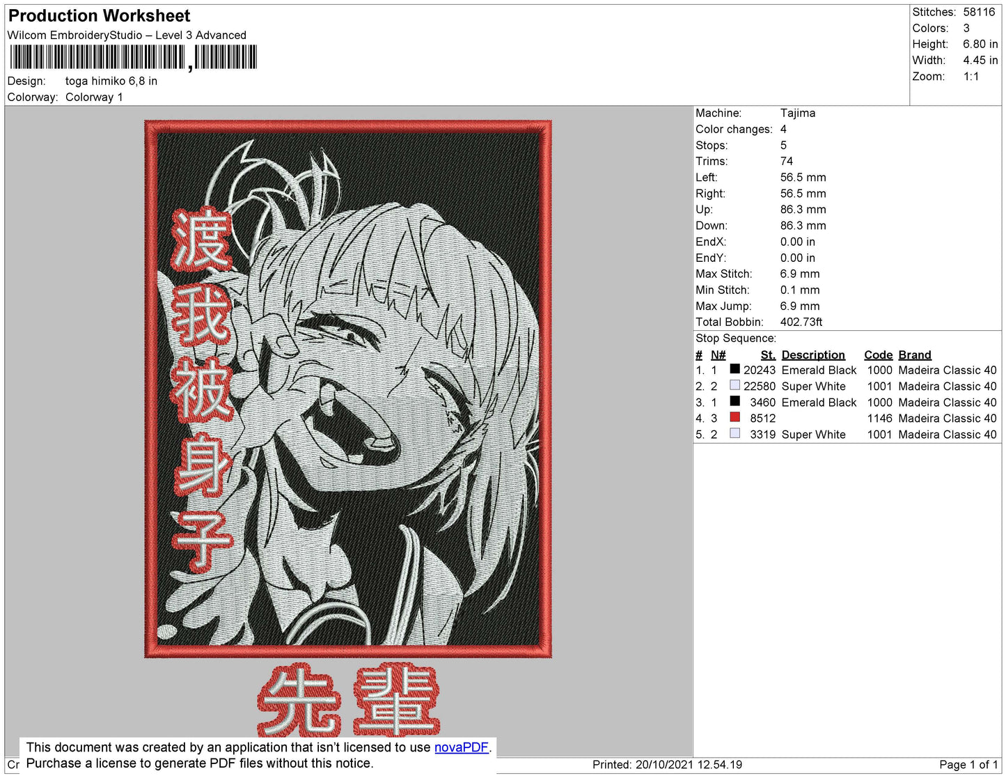 Himiko Toga Embroidery Design Files - 4 Size's