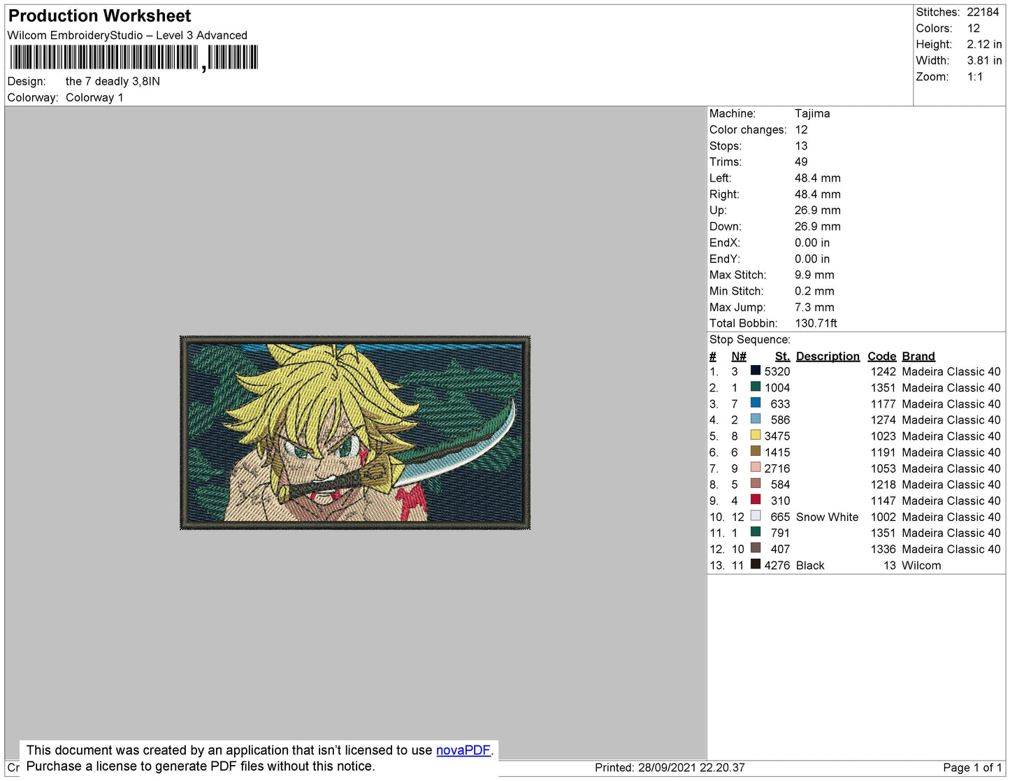 Meliodas v3 Embroidery Design Files - 4 Size's