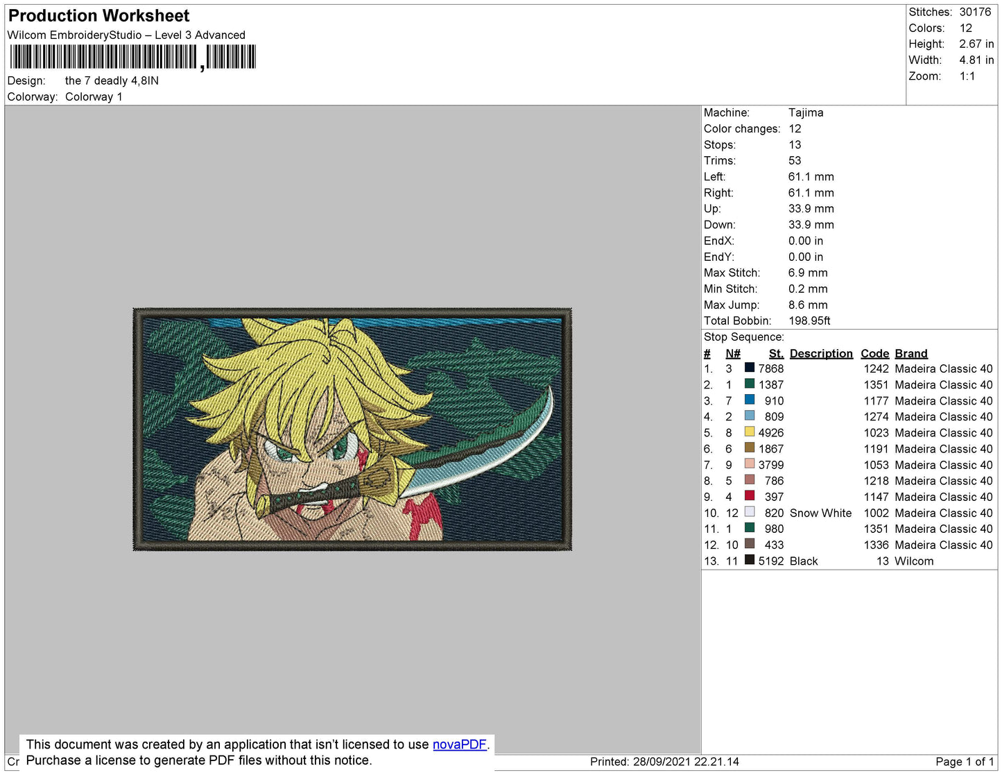 Meliodas v3 Embroidery Design Files - 4 Size's