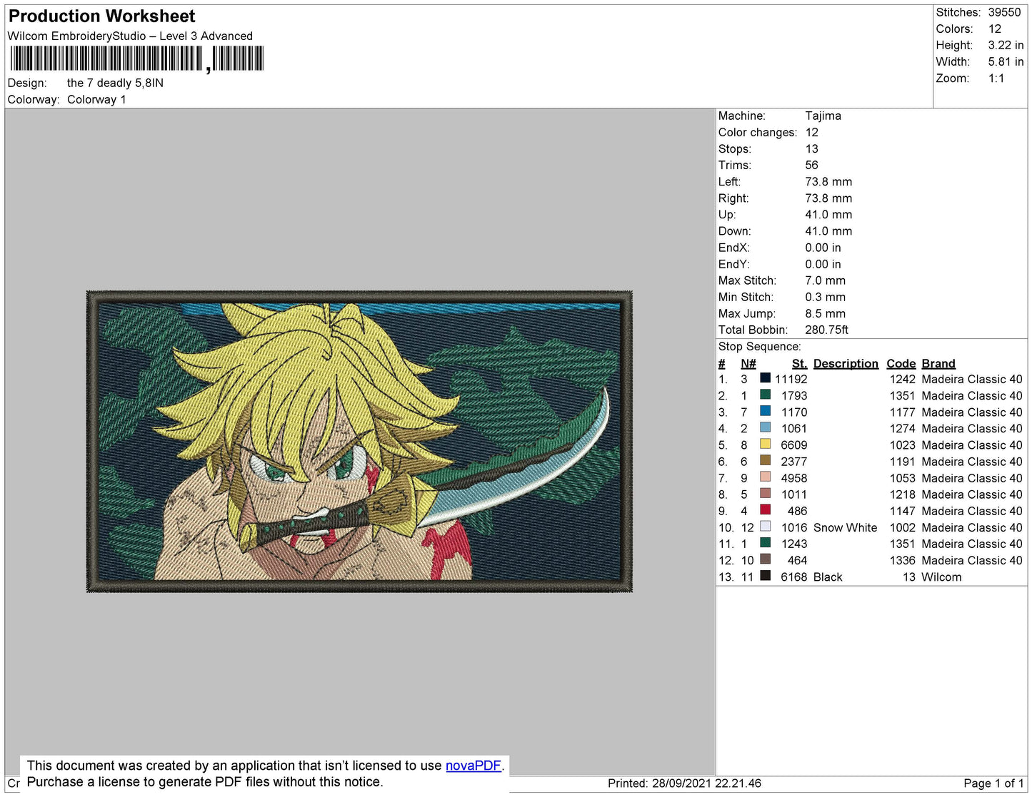 Meliodas v3 Embroidery Design Files - 4 Size's