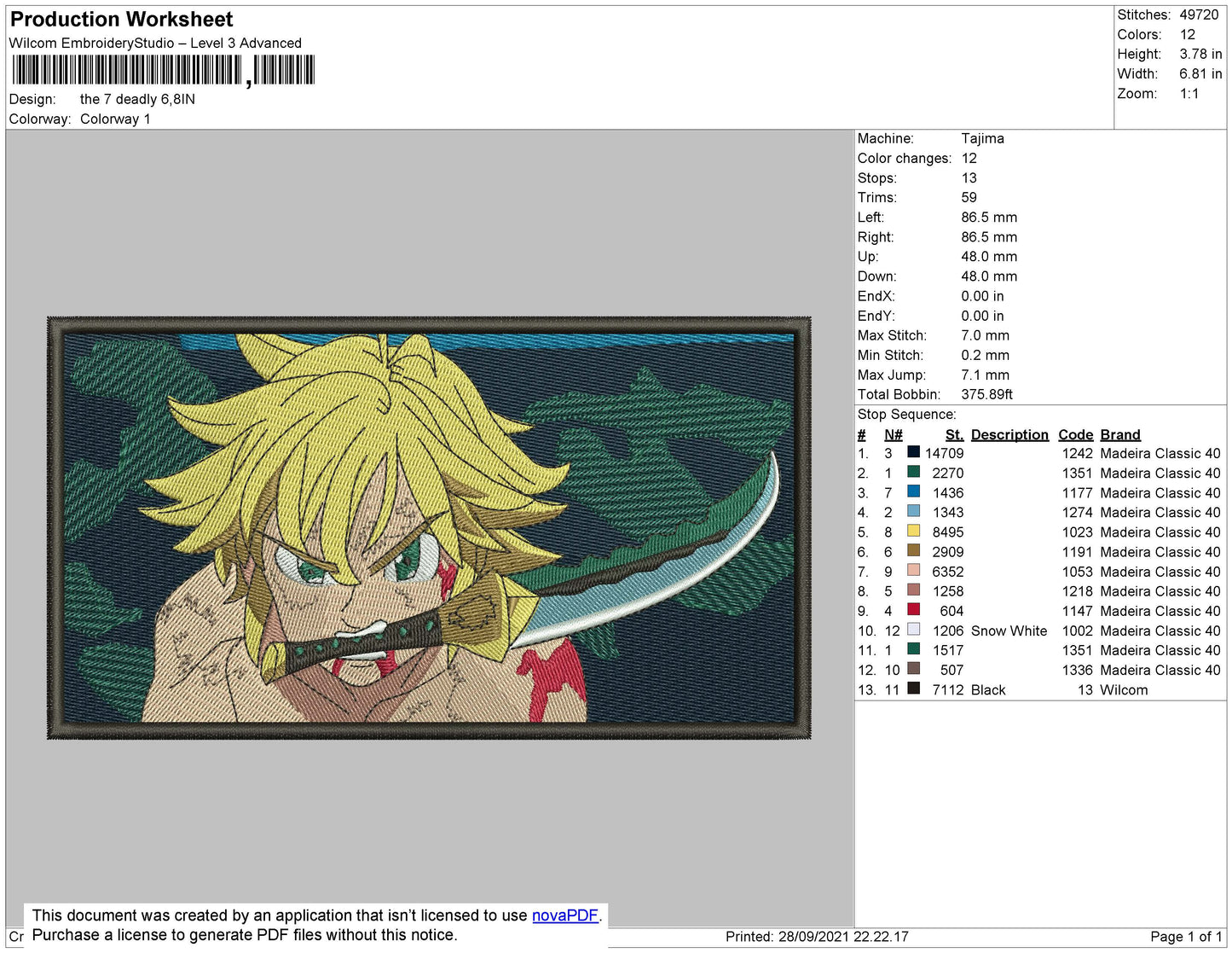 Meliodas v3 Embroidery Design Files - 4 Size's