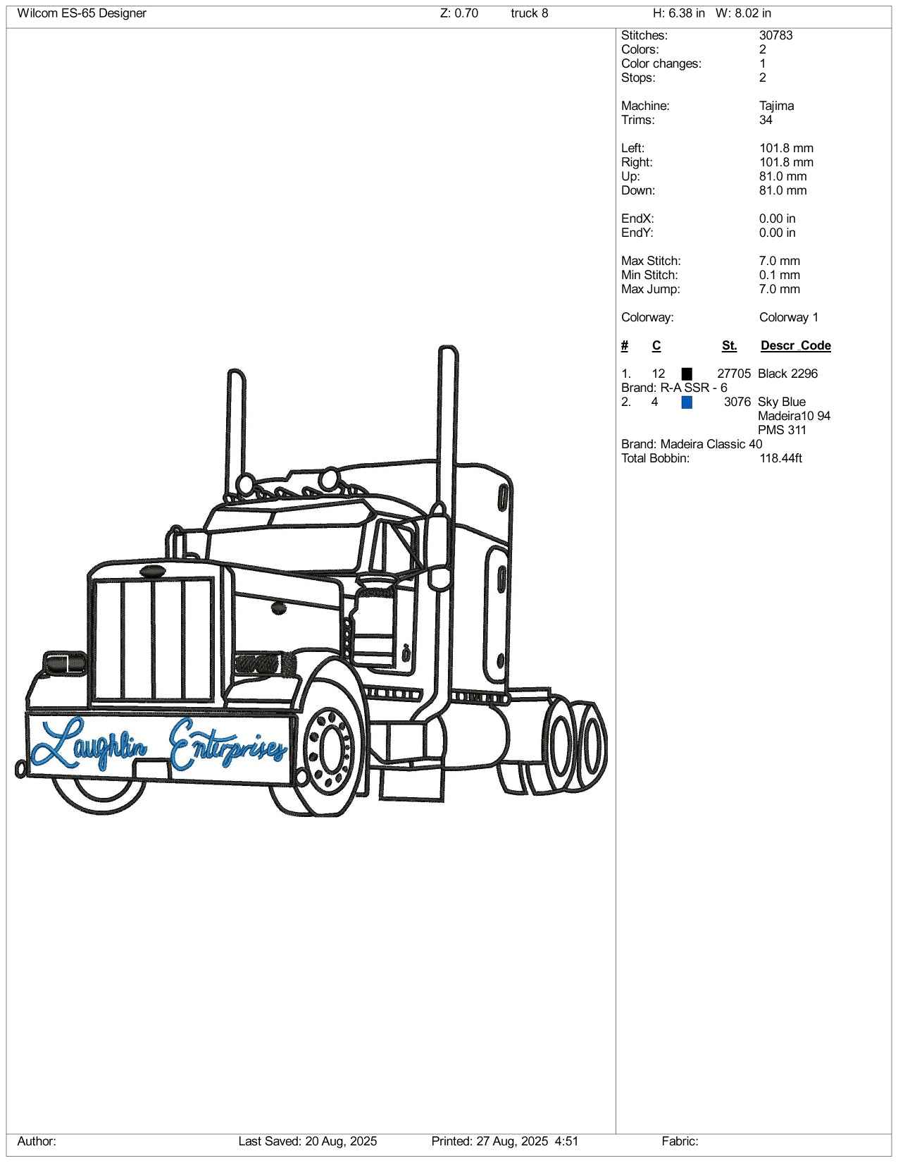 Truck Outline Embroidery Design Files - 3 Size's