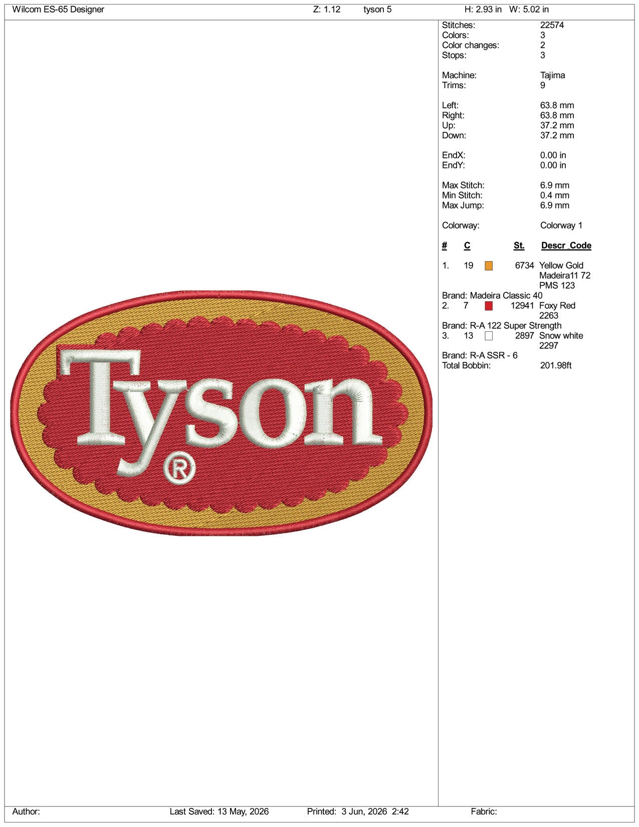 Tyson Logo Embroidery Design Files - 3 Size's