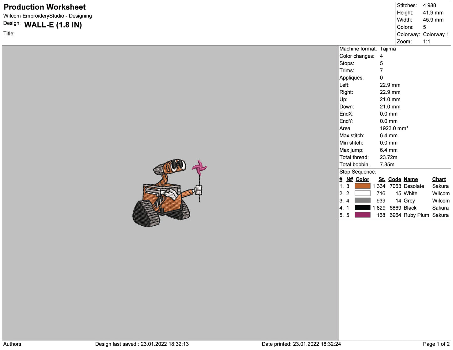 Wall E v2 Embroidery Design Files - 4 Size's