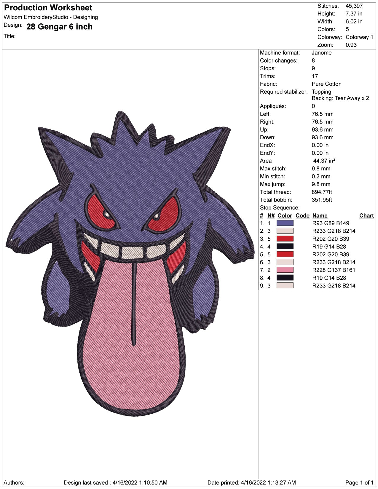 Gengar Embroidery Design Files - 4 Sizes