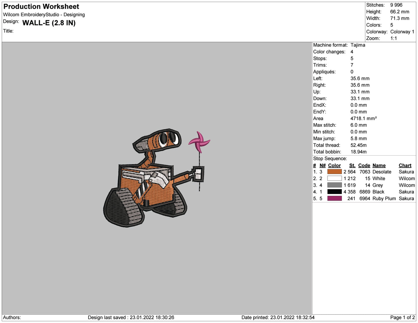 Wall E v2 Embroidery Design Files - 4 Size's