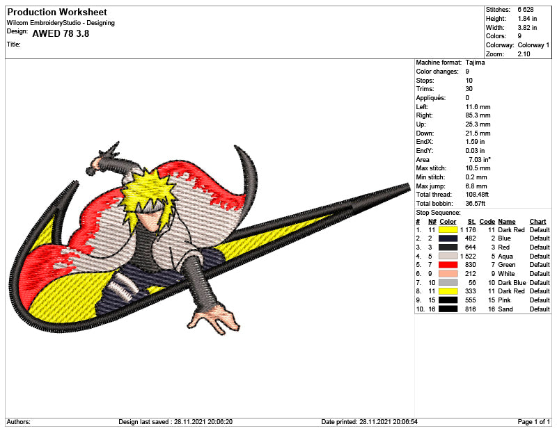 Minato Namikaze Swoosh Embroidery Design Files - 6 Size's