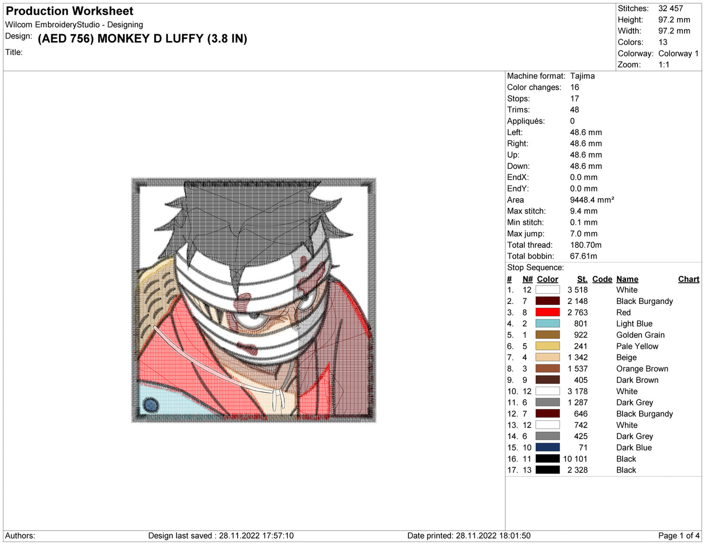 Monkey D Luffy v5 Embroidery Design Files - 5 Size's