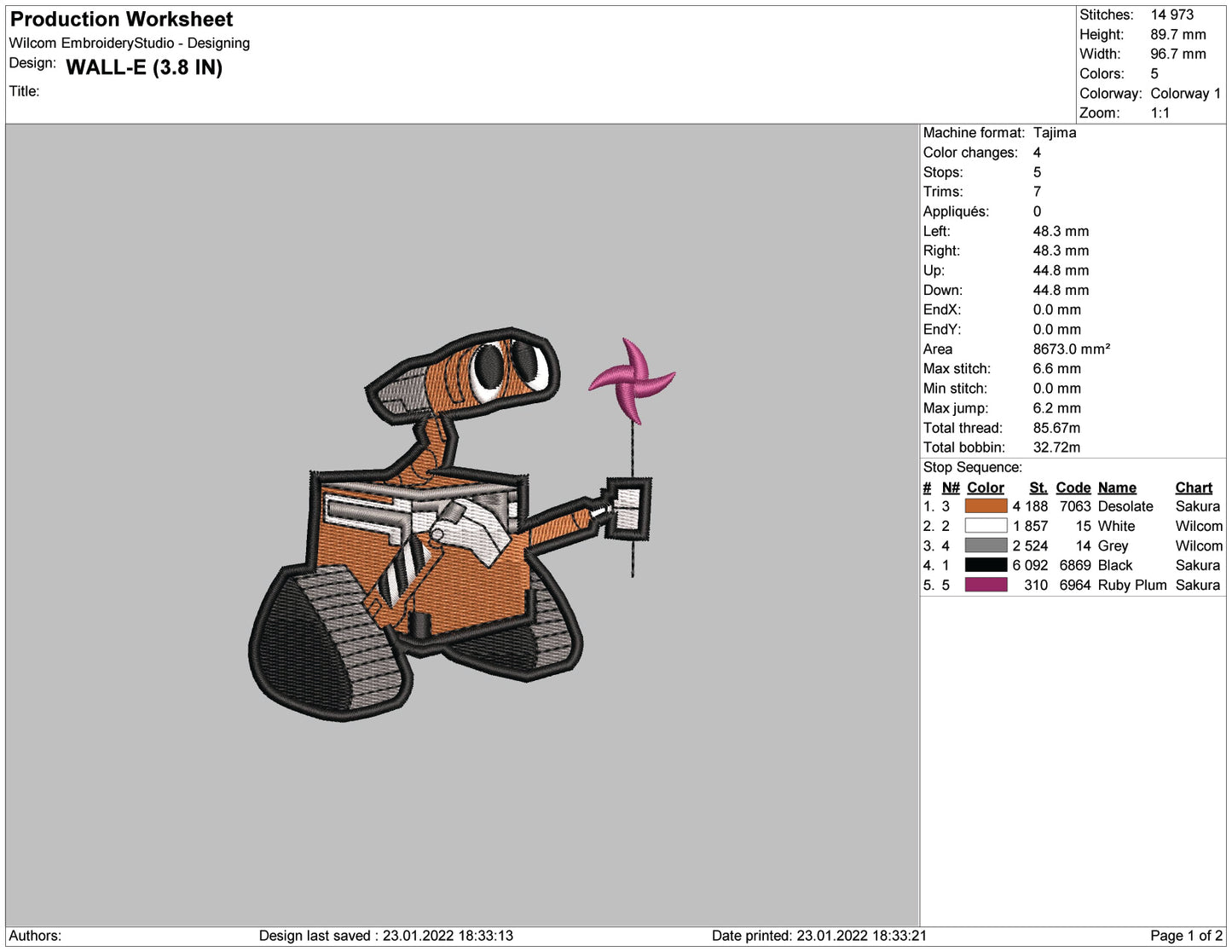 Wall E v2 Embroidery Design Files - 4 Size's
