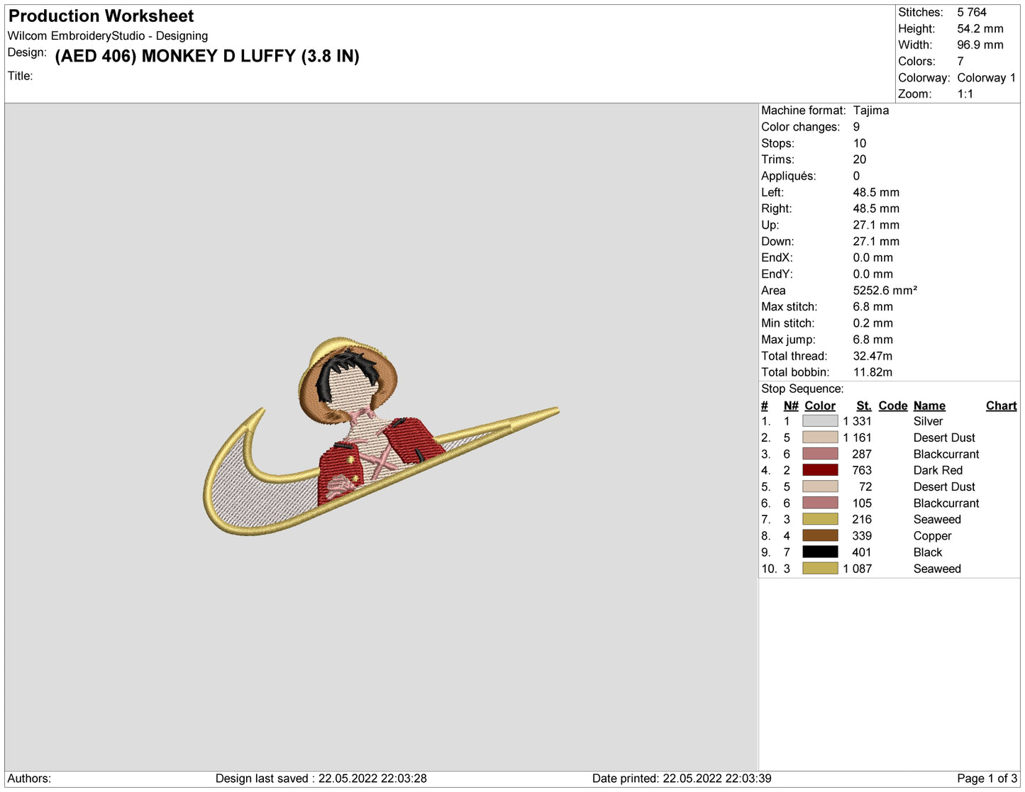 Monkey D Luffy Swoosh v3 Embroidery Design Files - 6 Size's
