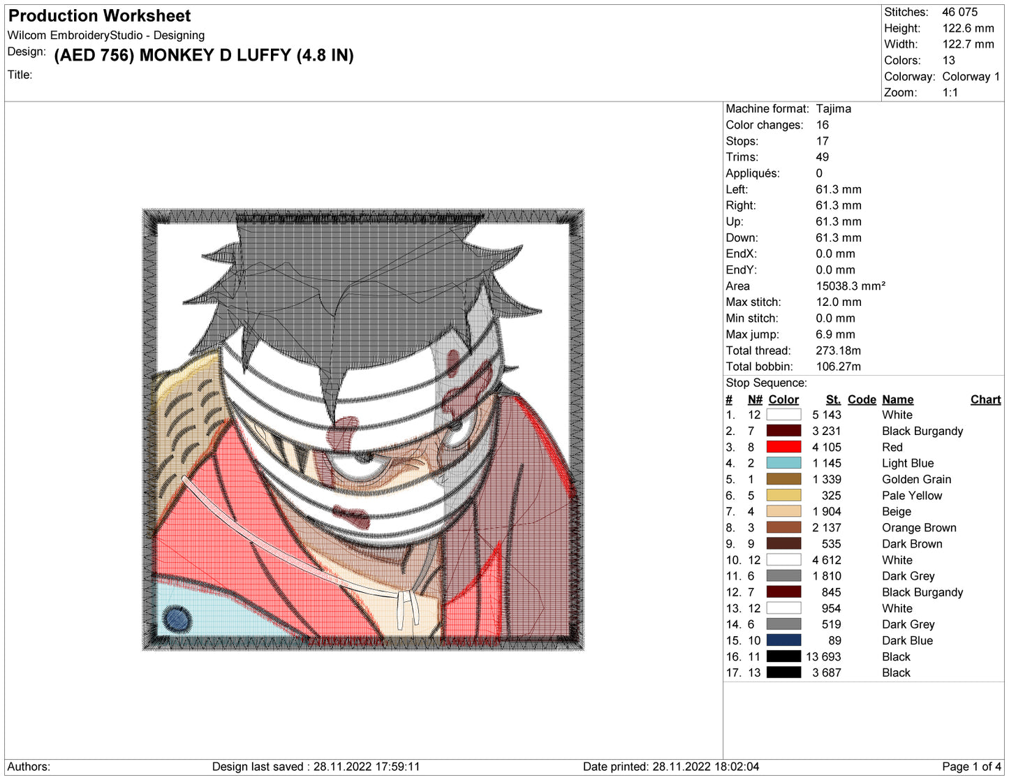 Monkey D Luffy v5 Embroidery Design Files - 5 Size's
