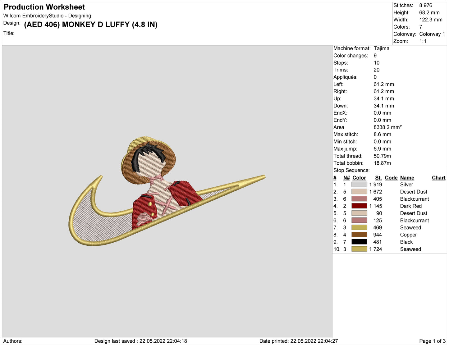 Monkey D Luffy Swoosh v3 Embroidery Design Files - 6 Size's