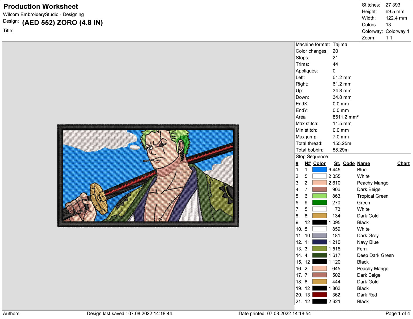 Roronoa Zoro v9 Embroidery Design Files - 3 Size's