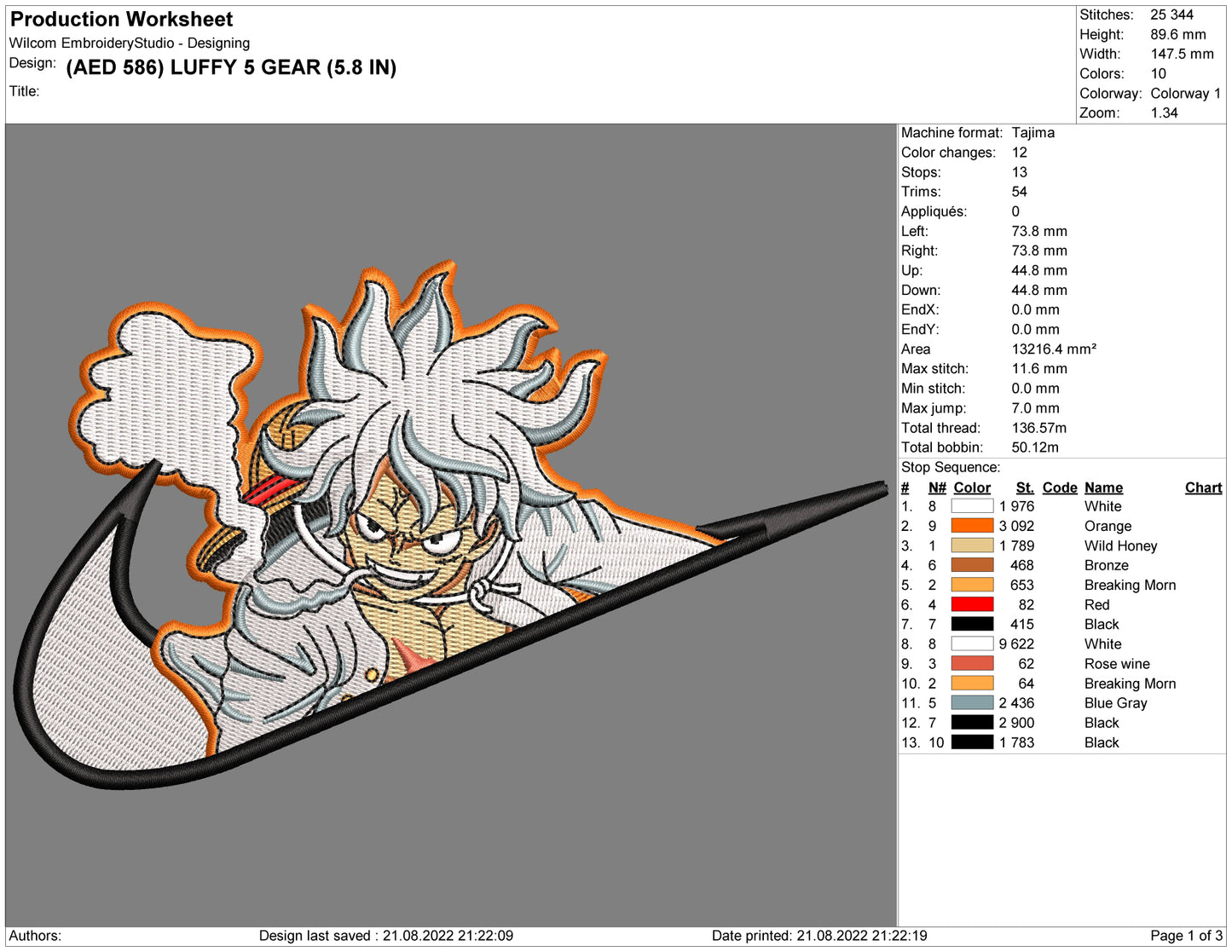Luffy 5 Gear Swoosh Embroidery Design Files - 4 Size's