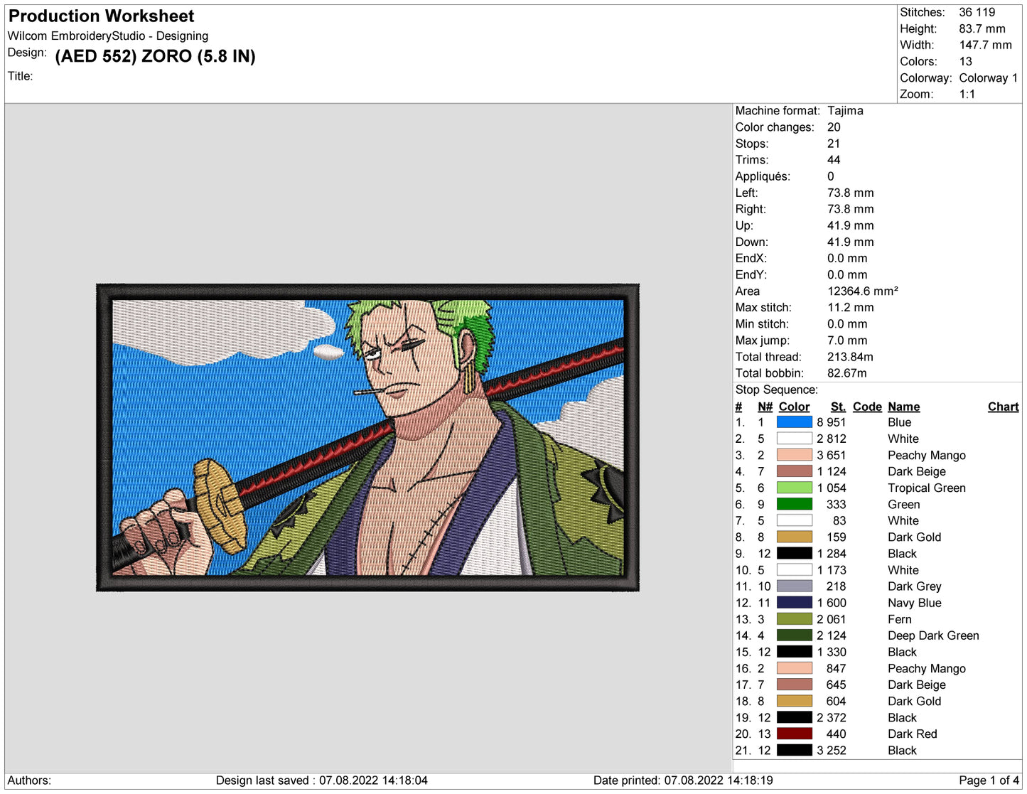 Roronoa Zoro v9 Embroidery Design Files - 3 Size's