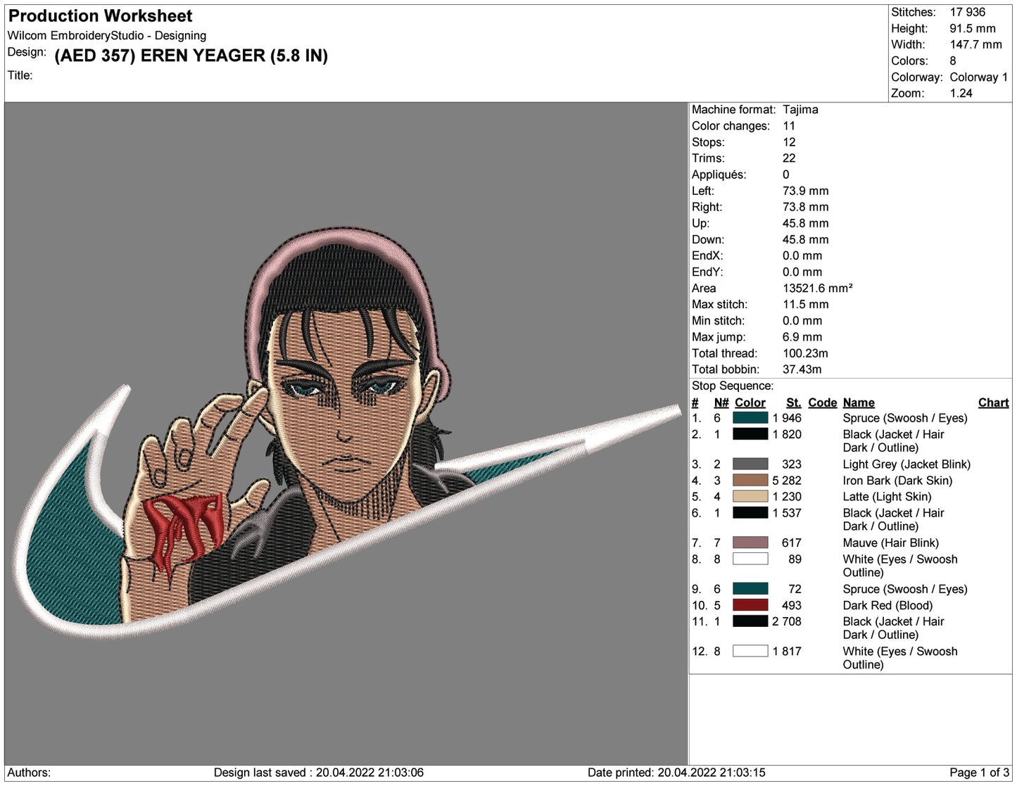 Eren Yeager Swoosh v5 Embroidery Design Files - 4 Size's