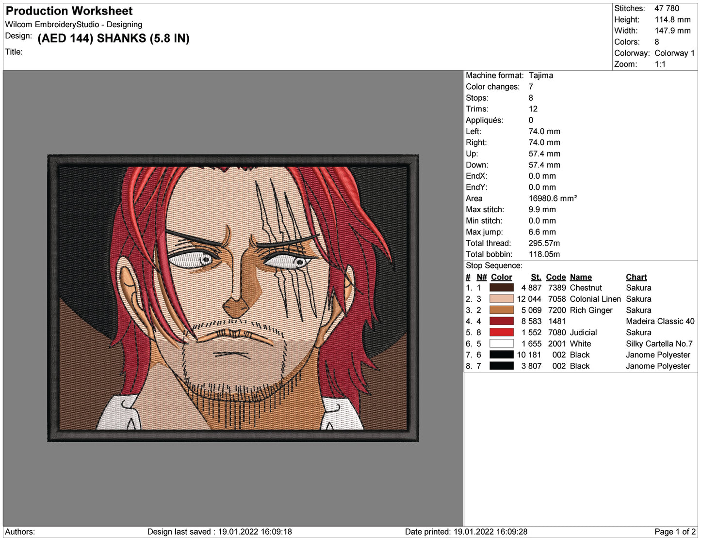 Akagami Shanks v3 Embroidery - 4 Size's