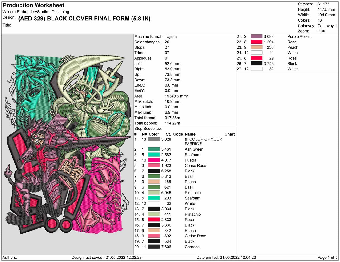 Black Clover Final Form Embroidery Design Files - 4 Size's