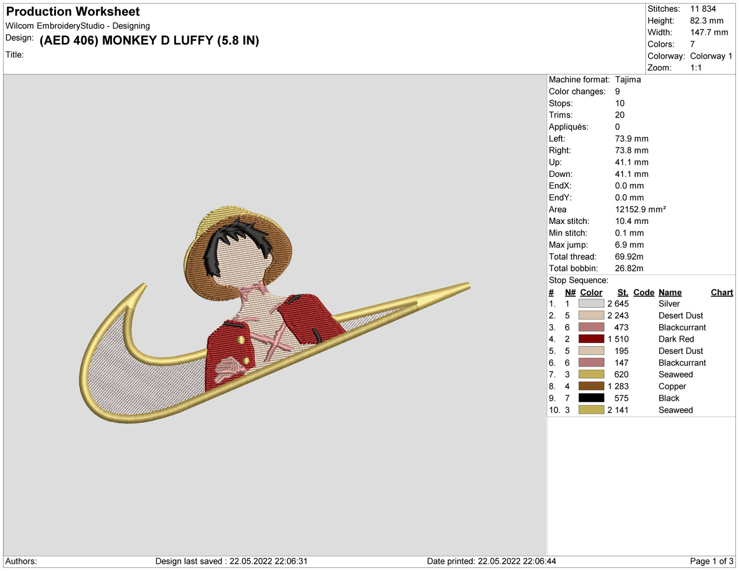 Monkey D Luffy Swoosh v3 Embroidery Design Files - 6 Size's