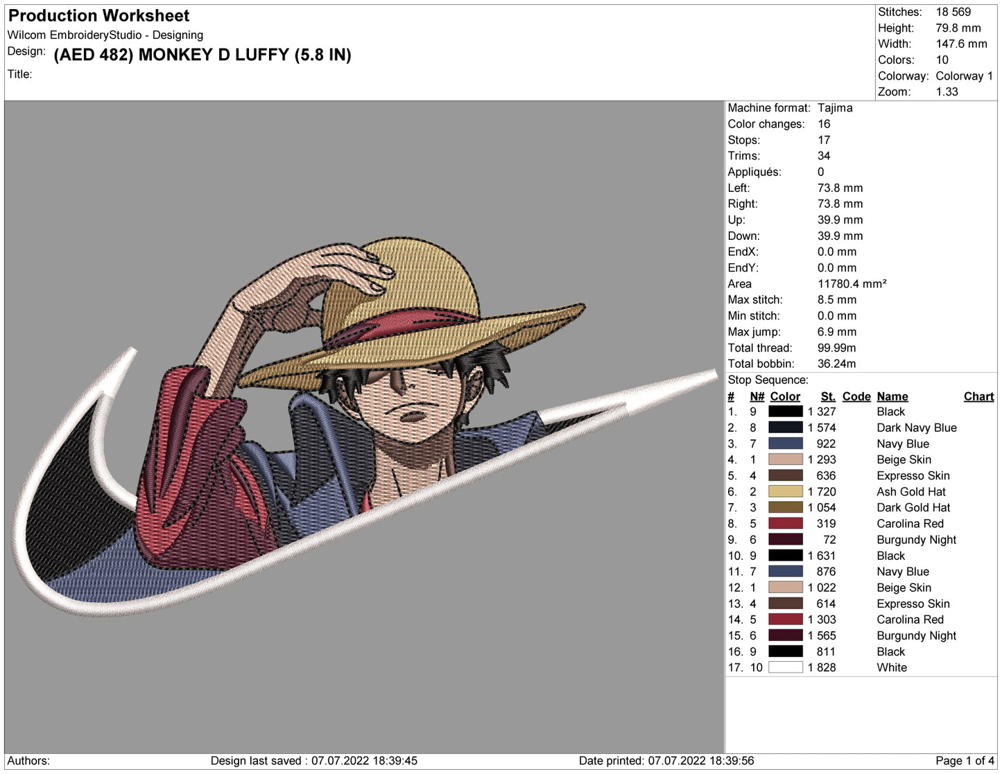 Monkey D Luffy Swoosh v6 Embroidery Design Files - 4 Size's