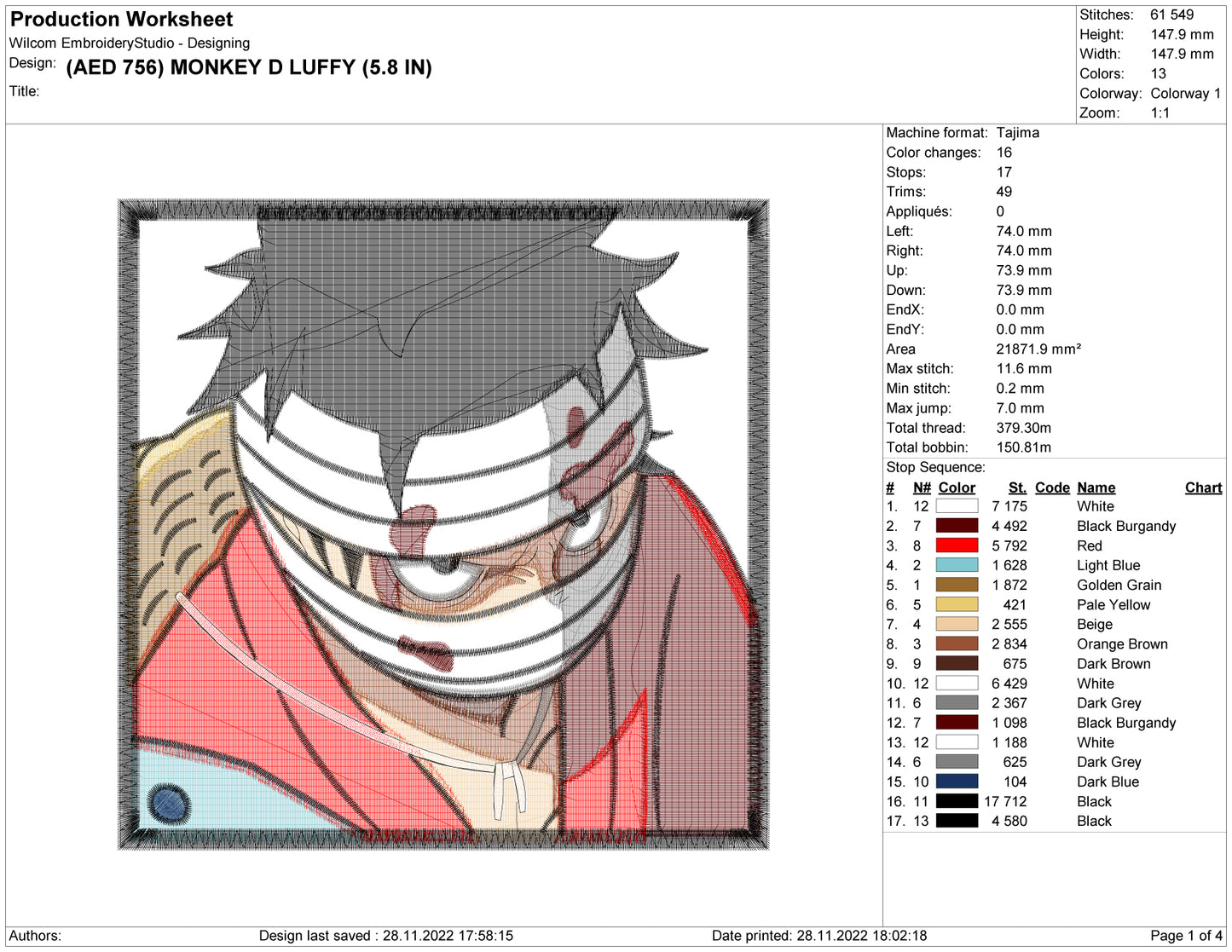 Monkey D Luffy v5 Embroidery Design Files - 5 Size's