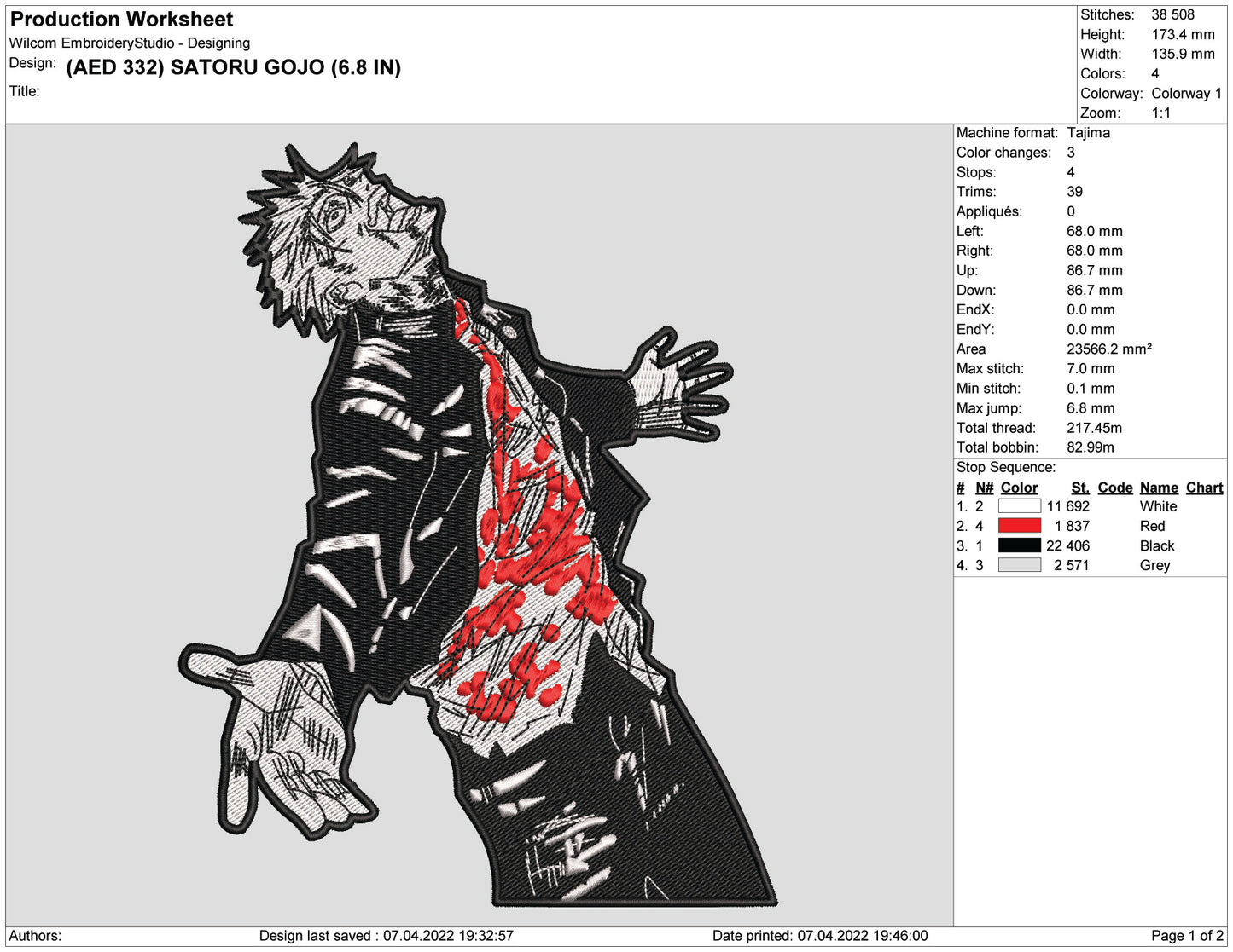 Satoru Gojo v8 Embroidery Design Files - 4 Size's