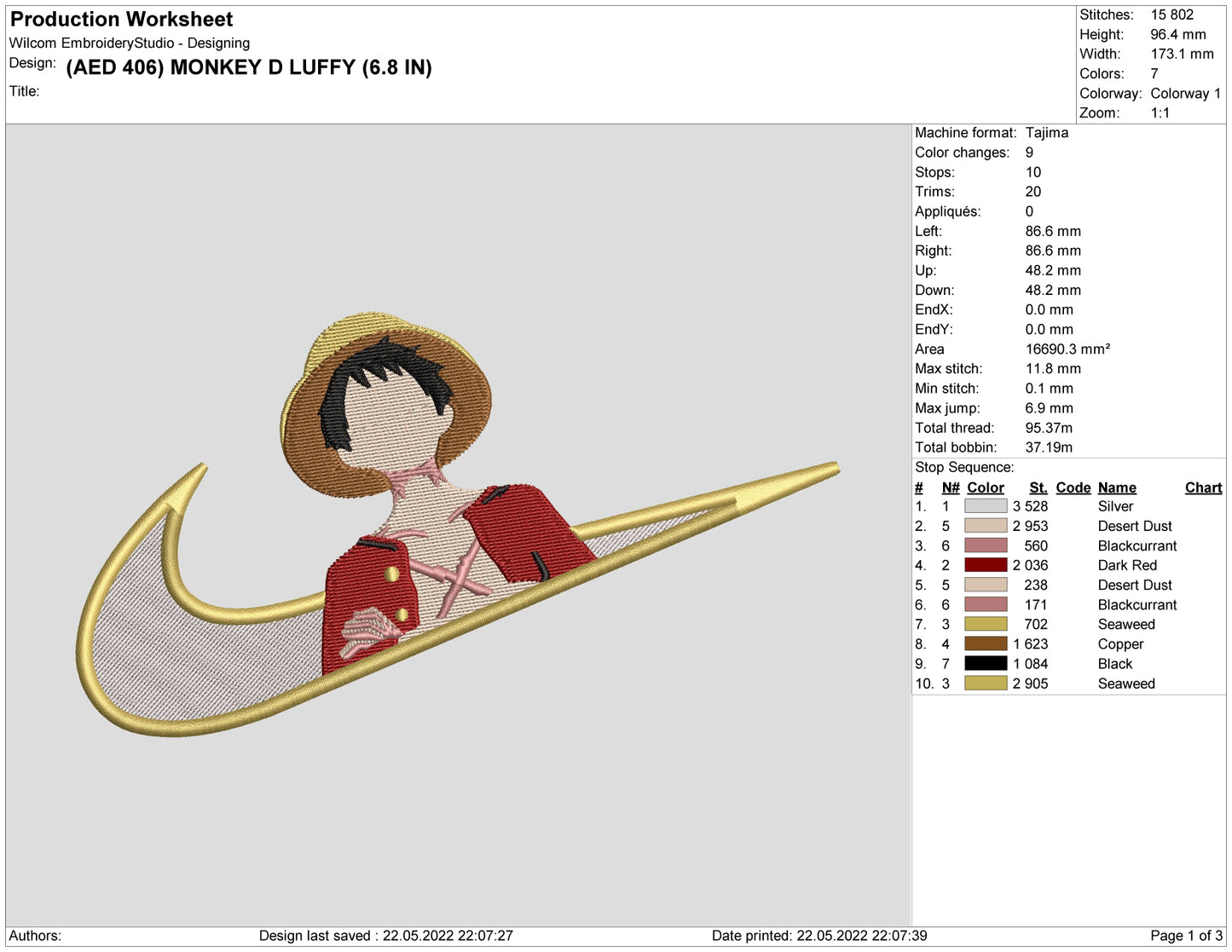 Monkey D Luffy Swoosh v3 Embroidery Design Files - 6 Size's