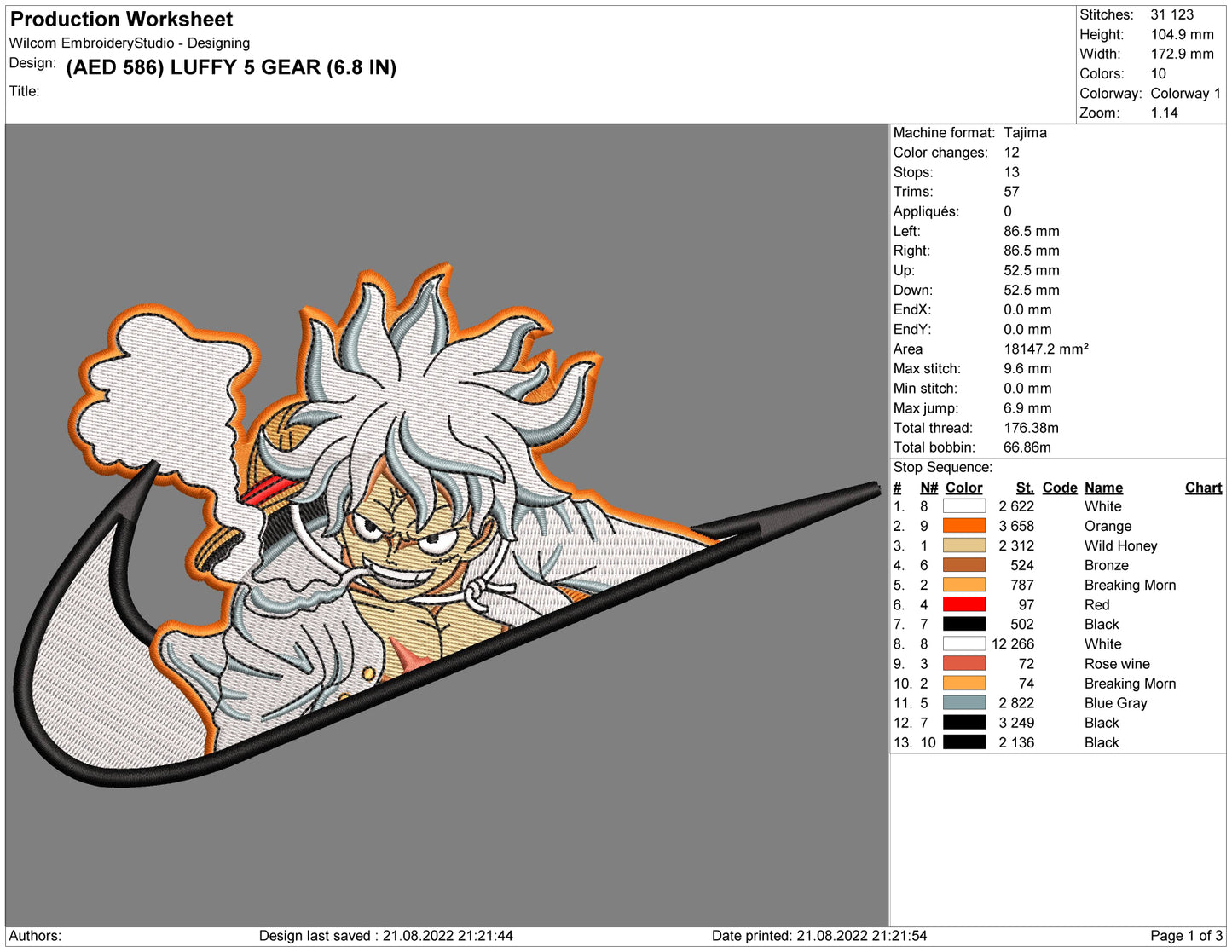 Luffy 5 Gear Swoosh Embroidery Design Files - 4 Size's