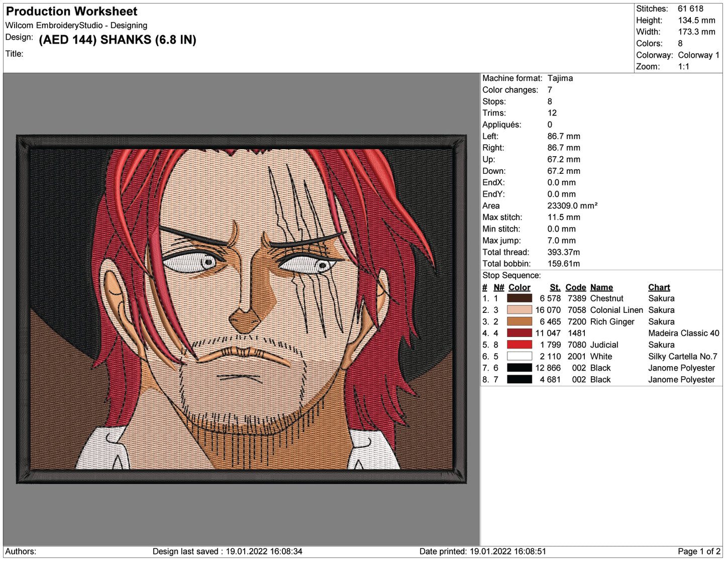 Akagami Shanks v3 Embroidery - 4 Size's