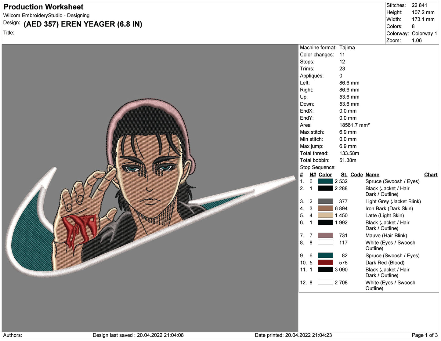 Eren Yeager Swoosh v5 Embroidery Design Files - 4 Size's