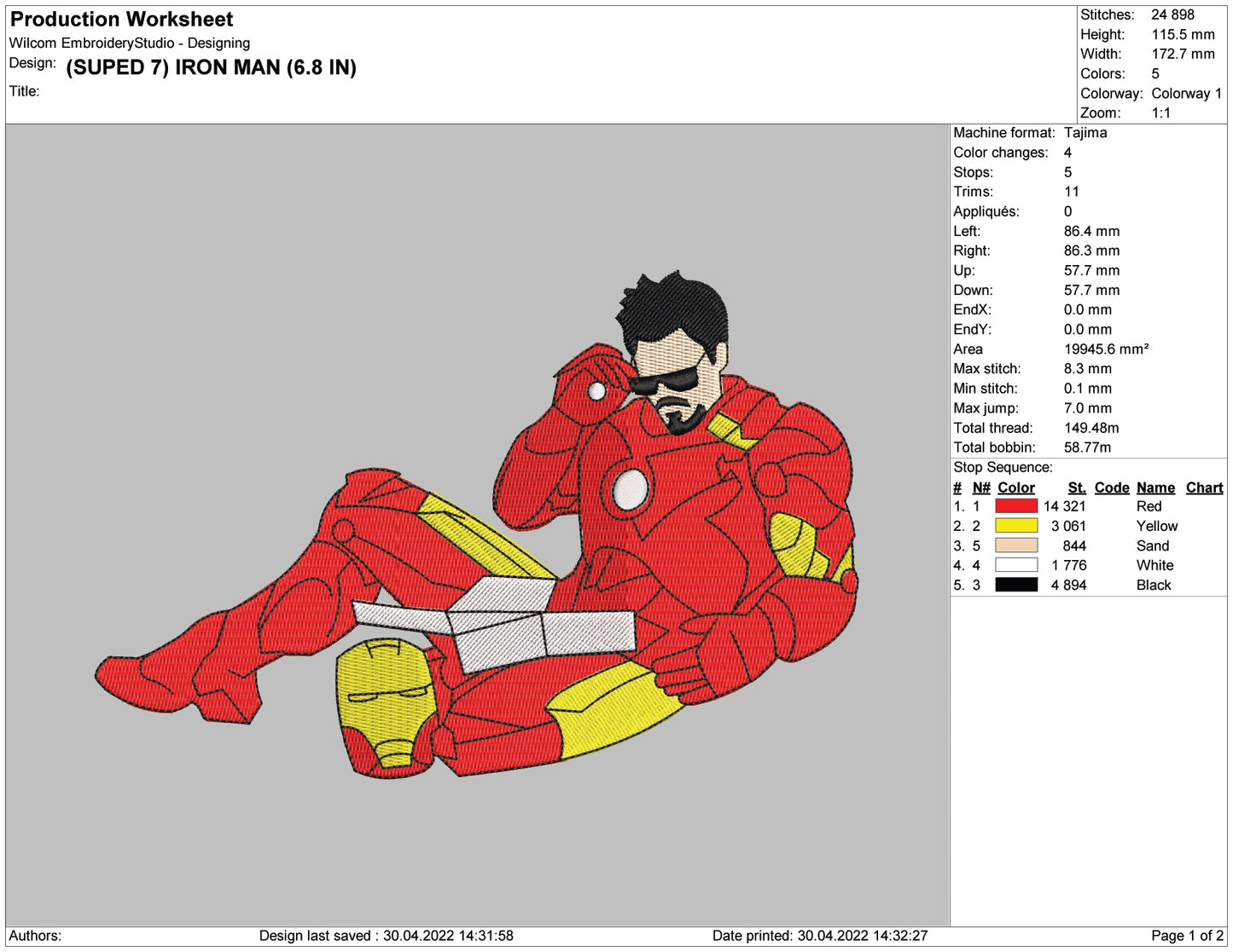 Iron Man Embroidery Design Files - 4 Size's