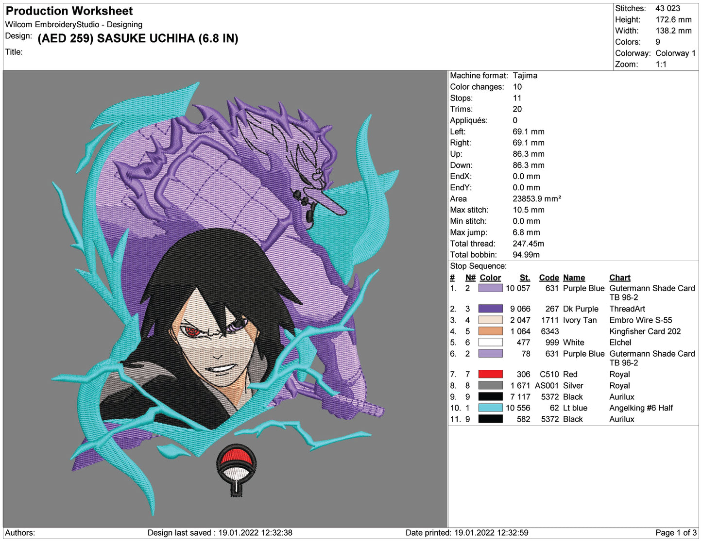 Sasuke Uchiha v4 Embroidery Design Files - 4 Size's