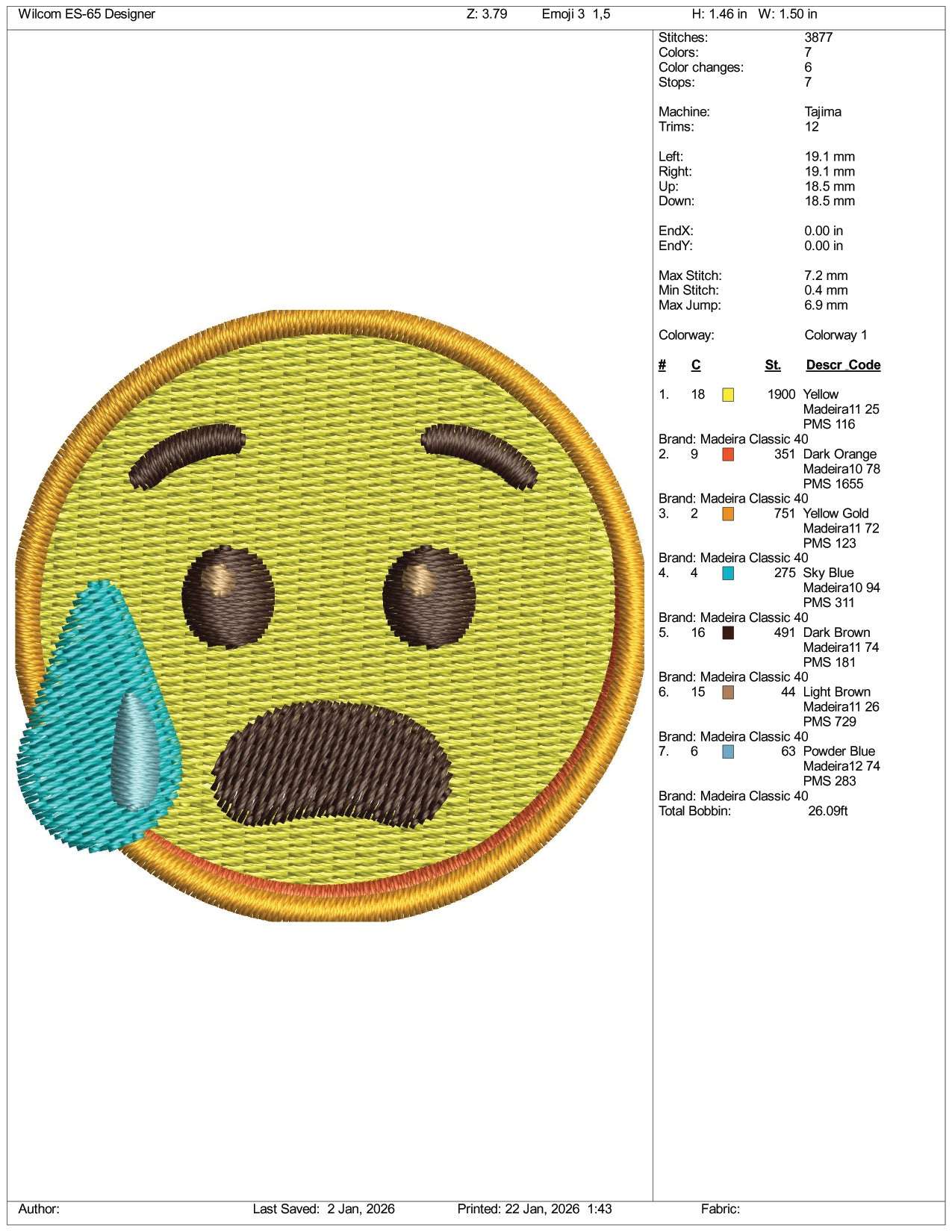 Anxious Face with Sweat Emoji Embroidery Design Files - 3 Size's