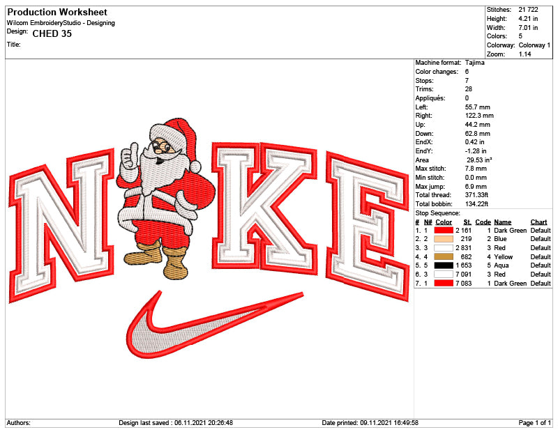 Nike Santa Claus Embroidery Design Files - 6 Size's