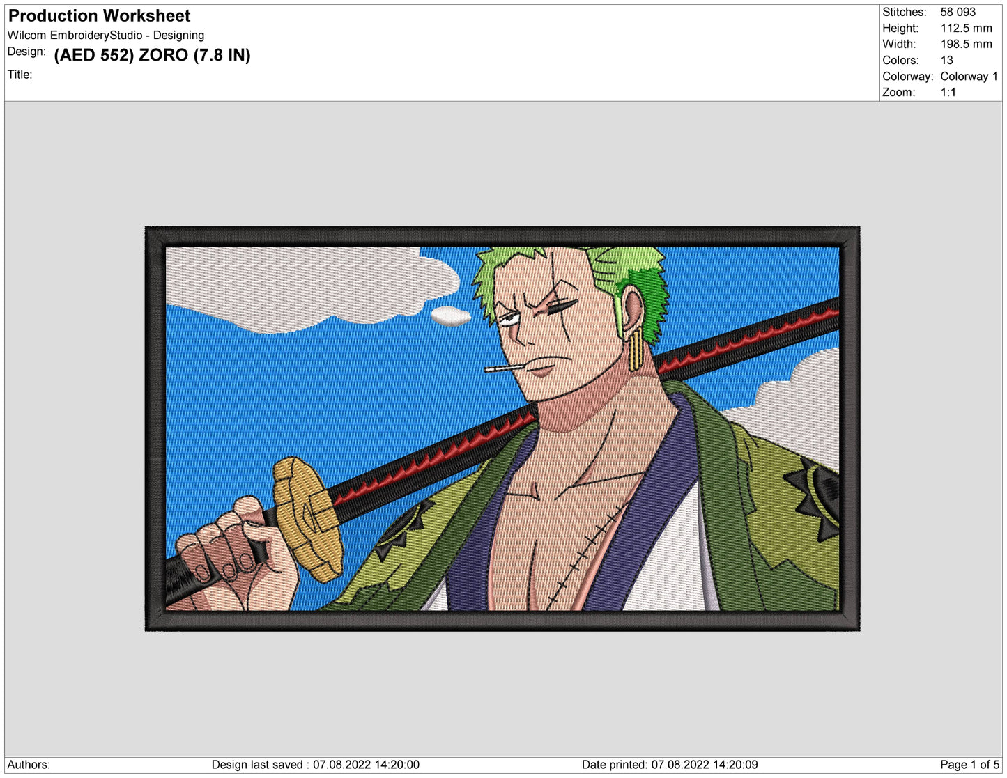 Roronoa Zoro v9 Embroidery Design Files - 3 Size's