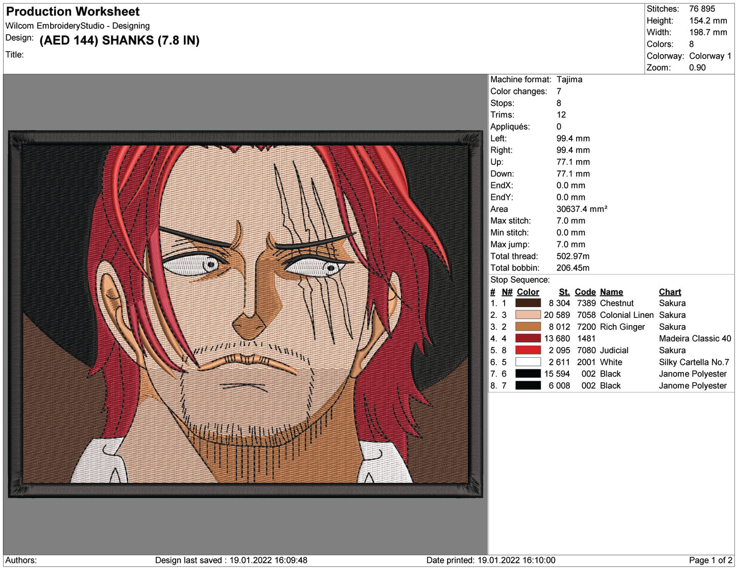 Akagami Shanks v3 Embroidery - 4 Size's