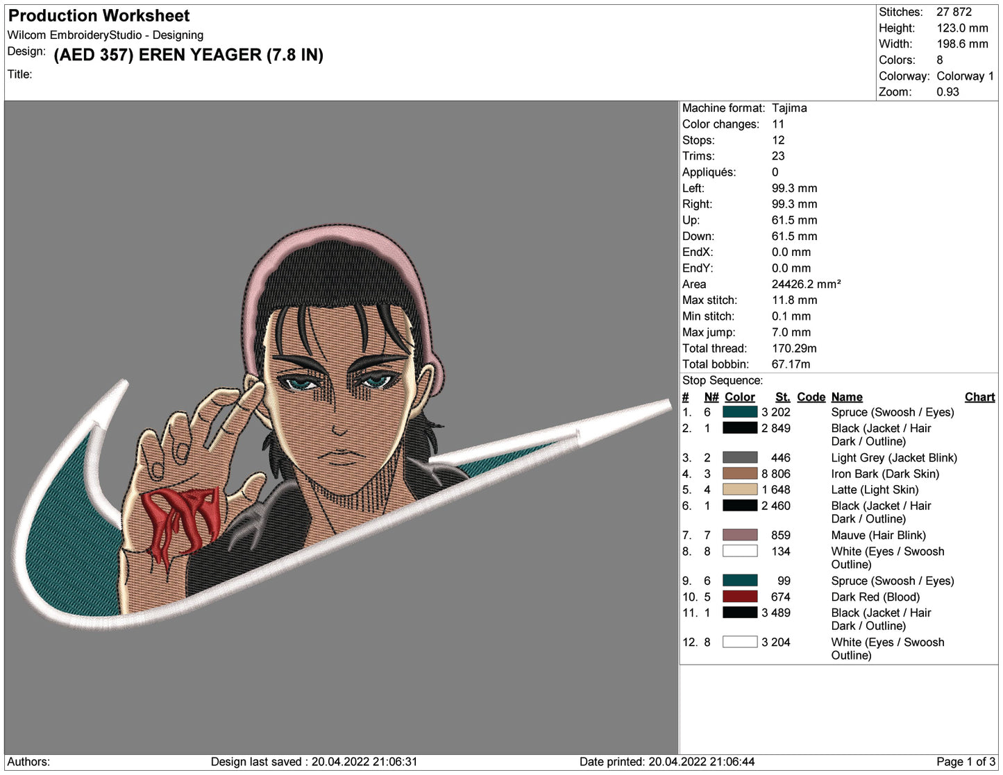 Eren Yeager Swoosh v5 Embroidery Design Files - 4 Size's
