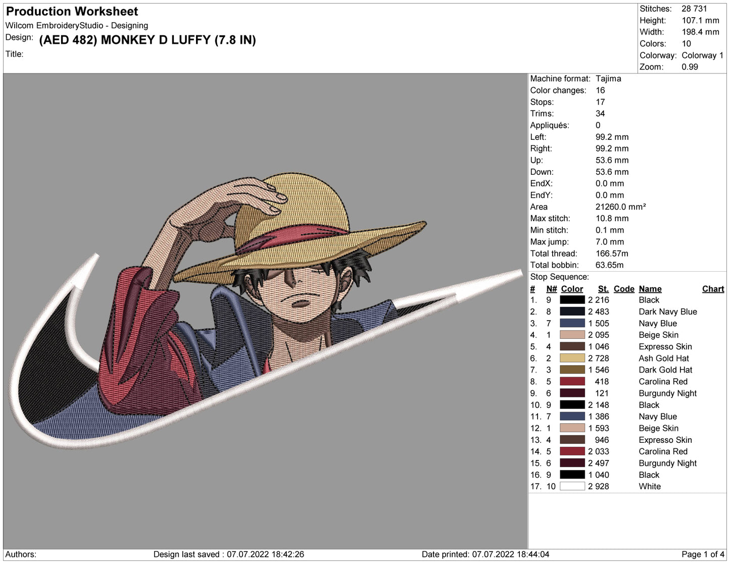 Monkey D Luffy Swoosh v6 Embroidery Design Files - 4 Size's